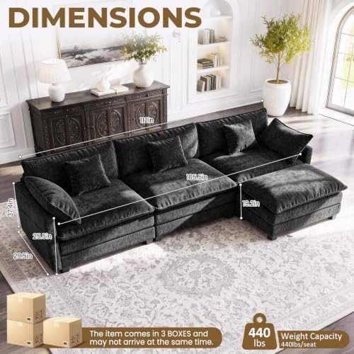 Image of 112 inch L-Shape Modular Sofa with 1 Ottomans, Deep Seat Cloud Convertible Sleeper, 3 Throw 2 Arm Pillows, Comfortable Upholstered Furniture for Living Room Apartment, Black