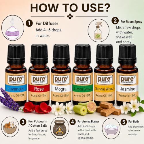 Image of Pure Source India Essential Oil (Lavender, Lemongrass, Rose, Jasmine, Sandalwood and Mogra), 15ml Each, Set of 6