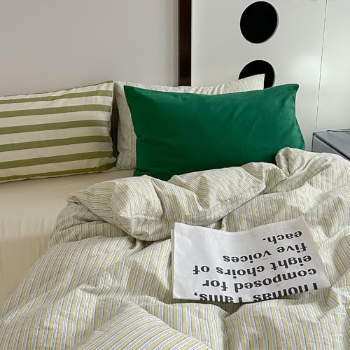 Image of MKXI French Stripe Duvet Cover Set King - 3 Piece Vintage Aesthetic Bedding, 100% Washed Cotton, Yellow & White Vertical Stripes, Zipper Closure & Corner Ties, Modern Farmhouse Style