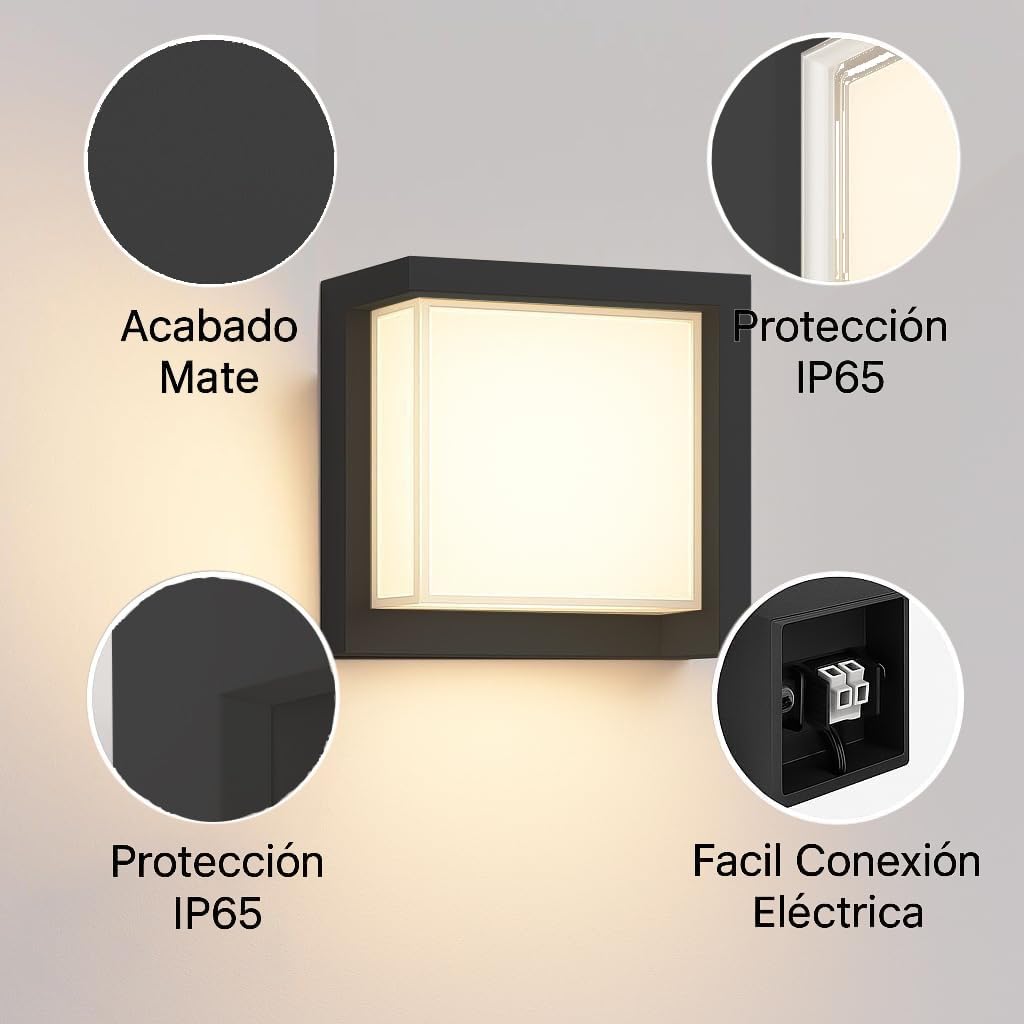 [4 UDS] Aplique Led Exterior Pared 15W Impermeable IP65 2700K 3200K 4000K Luz Ajustable Muro Interior Foco Lámparas Terraza Diseño Cuadrado Negro Apliques Candeeiro El Palique Jardín Dormitorio