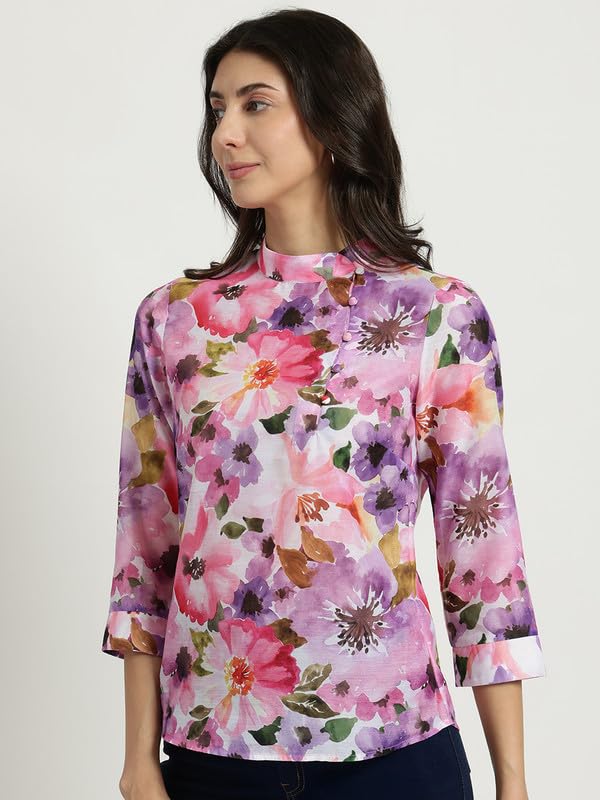 Image of FableStreet Women Formal Top | Asymmetrical Button Placket Band Collar Three-Quarter Sleeves | Pure Cotton Smooth Fabric for Office & Workwear