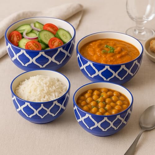 Image of Ceramic Mixing Bowl Set - 4 Pieces (1500ml, 800ml, 600ml, 400ml), Blue Umrao - Durable, Microwave & Dishwasher Safe - Ideal for Mixing, Serving & Storage