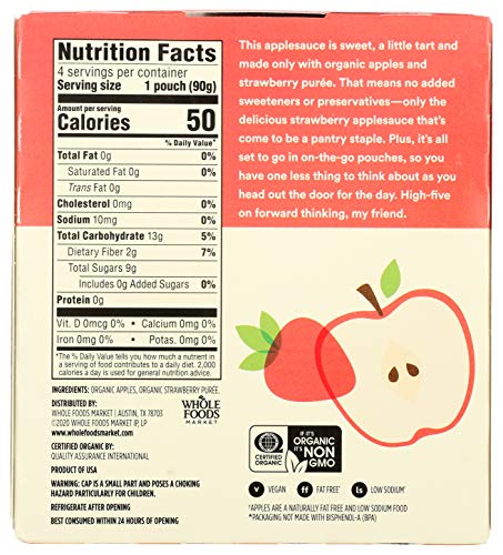 Image of 365 by Whole Foods Market, Organic Strawberry Applesauce Pouches, Unsweetened, 3.2 Ounce (Pack of 8)