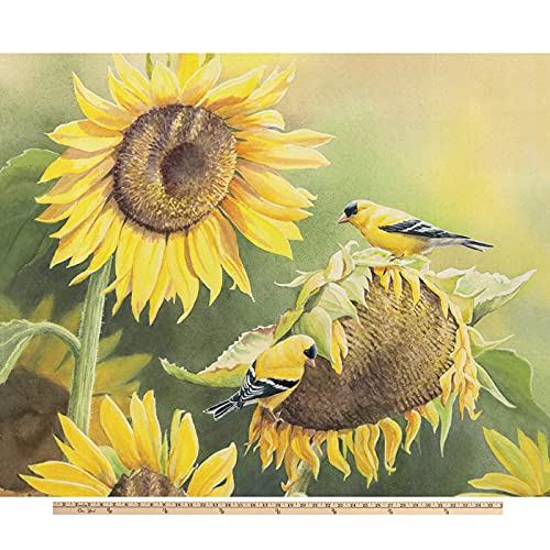 DAVID TEXTILES Golden Sunflowers & Finches Digital Cotton Print Fabric Panel, Multicoloured
