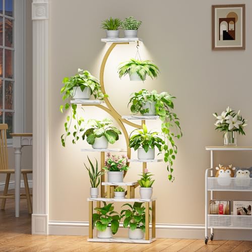 Image of Plant Stand with Grow Lights for Indoor Plants, 8-Tiered Tall Corner Plant Shelf with Full Spectrum Light, S-Shaped Space-Saving Narrow Flower Holder, Anti-Tip for Living Room Bedroom, Faux Marble