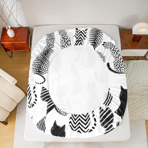 Image of Cat Kitten Silhouette Bed Sheet Queen Size,Striped Polka Dots Sheets,Cute Cat Pattern Bedding Sets (1 Fitted,1 Flat,2 Pillowcases) Luxury Deep Pocket Bed Sheets