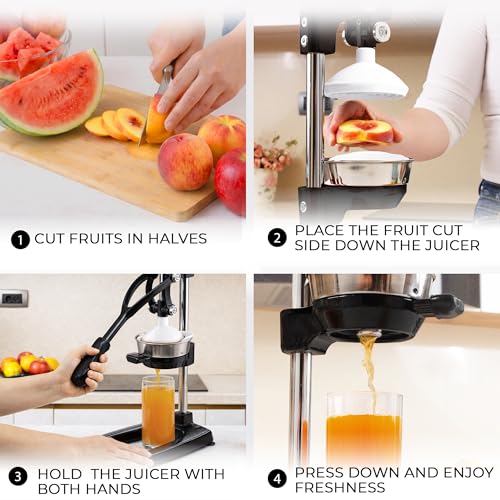 Image of Zulay Kitchen Pulperizer 9 in 1 Cast Iron Juicer - Easy-to-Clean Heavy-Duty Manual Juicer with Presser Attachment to Juice All Types of Fruits! Extra Tall with Stainless Steel Bowl - Black