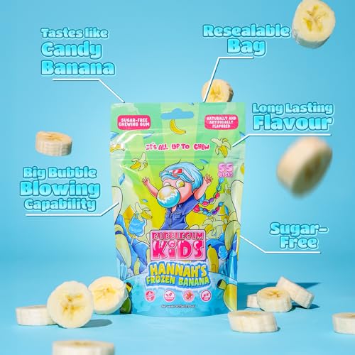 Image of Bubblegum Kids Hannah's Frozen Banana Sugar Free Gum | Sugarless Gum with Xylitol | Vegan, Peanut Free, Low Calorie Candy Alternative for Kids & Adults | Resealable Bag, 55 Pieces Per Pack, 1 Pack