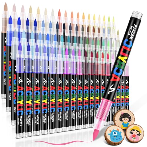 72 Colors Acrylic Paint Markers Brush Tip, Water-Based Acrylic Colored Paint Pens No-Bleed Coloring...