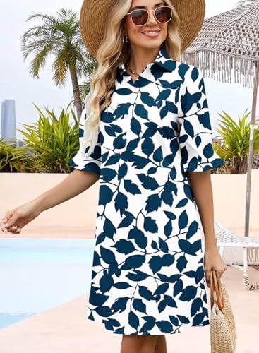 Image of Womens Summer Shirt Dress 2026 Casual Ruffle Short Sleeve Button Down Flowy Swing Shift Mini Dresses with Pockets