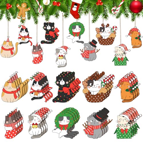 Spiareal 40 Pcs Christmas Cat Ornament Set Xmas Decor Tree Hanging Cat Wooden Holiday Decoration Ornaments for Christmas Tree Outdoor Hanging (Cute)