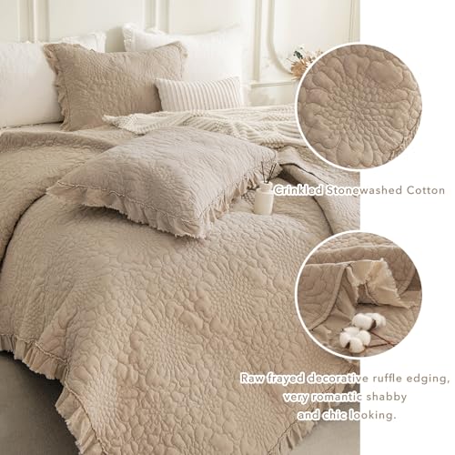 QSH Dark Wheat Stonewashed Cotton Oversized King Quilt Bedspread Set(128"x120"),3PCs Farmhouse Ruffled Bedspread California King,Shabby Soft Lightweight Crinkled Quilt Coverlet Bed with Pillow Shams by QSH - Used condition - Image 2