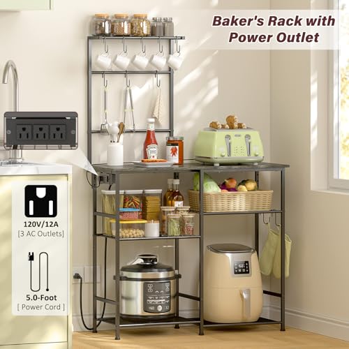 3IngSeagulls Bakers Rack with Power Outlet, Kitchen Microwave Stand with 10 S-shaped Hooks, 6-Tier Coffee Bar Station, Kitchen Storage Shelf Rack for Spices, Pots, Gray - view 2