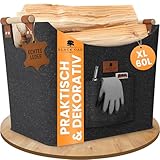 BLACK OAK Montana XL 60L Filzkorb & Holzkorb für Kaminholz - Echt-Leder Applikation + breite Griffe + Fronttasche extra groß - Filz Tasche Korb für Holz faltbar Transport & Aufbewahrung anthrazit