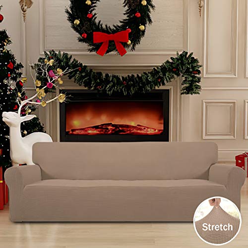 Image of Easy-Going Stretch 4 Seater Sofa Slipcover 1-Piece Sofa Cover Furniture Protector Couch Soft with Elastic Bottom for Kids, Polyester Spandex Jacquard Fabric Small Checks Camel