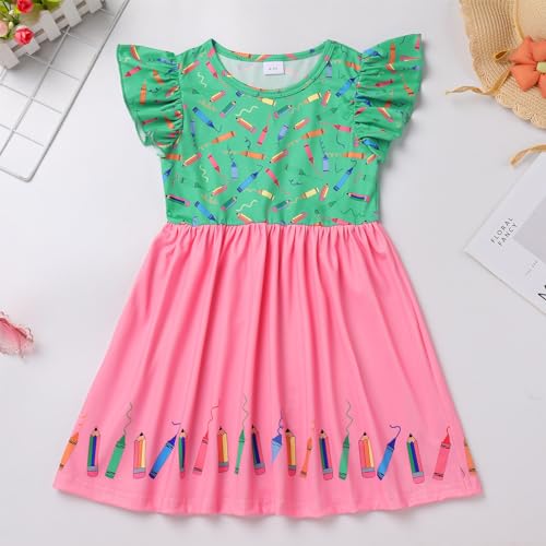 Toddler Girls Back to School Dress Flutter Sleeve Apple Pencil Print Summer Causal Dress with Bowknot Headband3