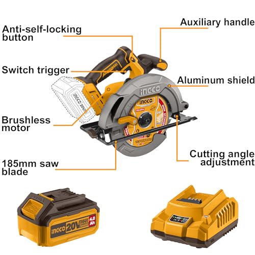 Image of INGCO 20V Cordless Circular Saw 185mm, Brushless Motor, 4800RPM, Max Cutting Depth: 65mm at 90, With 1Pcs 4.0Ah Battery & Charger