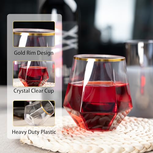Image of Lullaby 40PCS 12Oz Stemless Plastic Wine Glasses Gold Rim, Diamond Design | Clear Disposable Wine Cups for Champagne Whiskey Cocktail, Perfect for Parties, Weddings and Daily Use