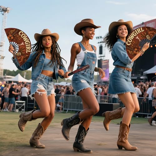 Image of Cowgirl Fans for Line Dancing, 13inch Large Hand-held Flat Fan Western Style Popping Fan for Party, Festival, Club, Dancing