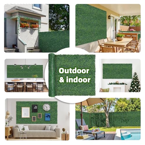 Artificial Boxwood Roll Grass Wall Panels, Greenery Outdoor 48"x120" (40 Sqft) UV-Anti Fake Ivy Privacy Fence Screen for Patio, Balcony, Garden, Backyard, and Fence Decor-Includes 5 PCS 79" Vines