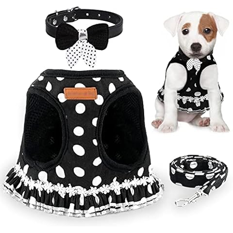 Dog Harness and Leash Set with Bow Tie Collar, Cute Polka Dot Puppy Harness for Small Dogs and Cats, Adjustable Escape Proof Vest Harness for Outdoor Walking and Traveling (Black, L (Chest: 14 - 18")) Cover