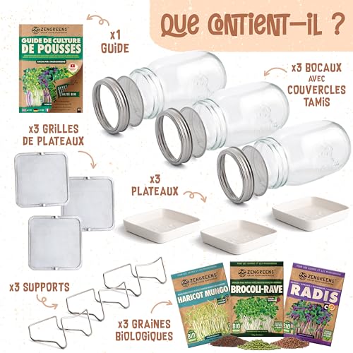 zengreens® Kit de germoir pour graines à germer Bio – Lot de 1, 2 ou 3 bocaux à pousses – Comprend Bocal à germes, Plateau de Germination et semences – Contient Guide et vidéo-Cours de Culture – vue 2