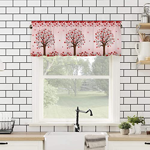 Ocomster Kitchen Curtain Valance, Valentines Rod Pocket Tier Curtain, Pink Red Love Heart Tree Romantic Roses Short Half Window Treatments For Living Room Bedroom, 54 X 18 Inch, 1 Panel #TOP3
