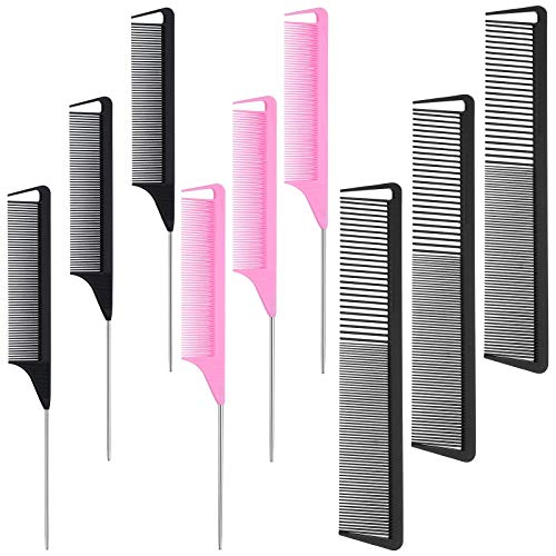 9 Pieces Rat Tail Combs Hair Parting Comb Stainless Steel Pintail Comb Teasing Combs Carbon Fiber Teasing Comb Styling Comb with Stainless Steel Handle for Braids Salon Home Supplies, Black and Pink