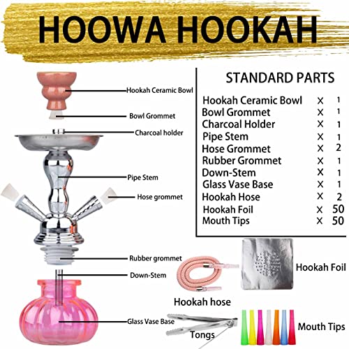 2 Hose Hookah Set 11'' Small Shisha Hookah Set With Mini Pumpkin Glass Vase, Ceramic Bowl, Leather Hose, Coal Tong, 50 Hookah Foil, 50 Disposable Tips (Pink) #TOP2
