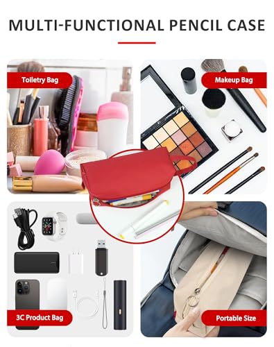 Image of Fmeida Pencil Case Pouch - Water Resistant Pencil Pouch Portable Pencil Bag Simple Office Stationery Pouch with Handle Christmas Gifts - Red