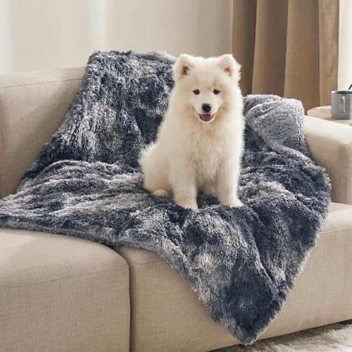 Bedsure Dog Blankets for Large Dogs, Fluffy Waterproof Dog Blanket for Couches Washable, Fuzzy Faux Fur Pet Throw Blankets for Medium Dogs, 40 x 50 inch, Tie-dye Grey