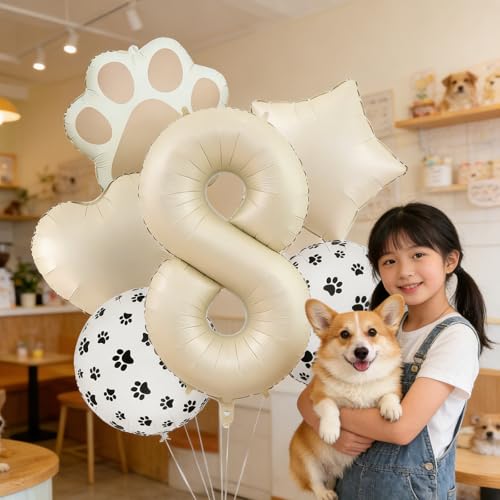 Image of 8th Birthday Dog Paw Balloons Set,18'' Paw Prints, Heart,Star,Paw Shaped Foil Balloon 40 Inch Cream Number 8 Helium balloons for Puppy Themed Third Anniversary Birthday Party Decorations Supplies 6PCS