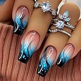 TBRZTR Press on Nails Medium Length Ballet Shaped Fake Nails Blue Flame Pattern Design Gradient Artificial Coffin Nails Black French Stick on Nails Full Cover Acrylic Glossy Glue on Nails for Women
