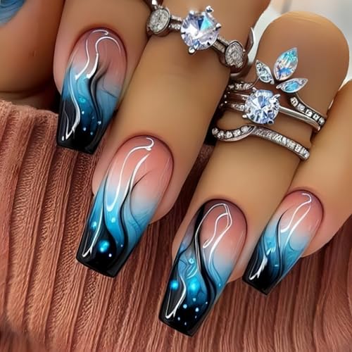 TBRZTR Press on Nails Medium Length Ballet Shaped Fake Nails Blue Flame Pattern Design Gradient Artificial Coffin Nails Black French Stick on Nails Full Cover Acrylic Glossy Glue on Nails for Women