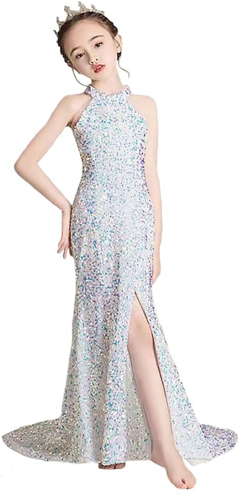 Little Girls Sequin Mermaid Dress Kids Long Tail Split Evening Dresses