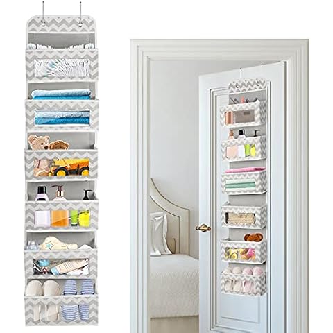 Over Door Hanging Storage 6 Pockets, Foldable Hanging Storage Organizer with 2 Hooks, White Stripe Pattern Hanging Shelves Closet Organizer for Baby Room, Cloakroom, Bedroom, Bathroom, Kitchen, Office Cover