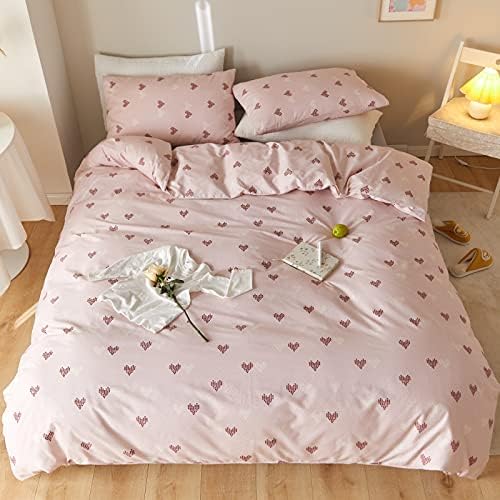 LIWHENHAO Heart Duvet Cover Set 100% Cotton Full Queen Red and White Love Pink Bedding 1 Abstract Comforter Cover 2 Pillowcases for Kids Girls Boys Woman