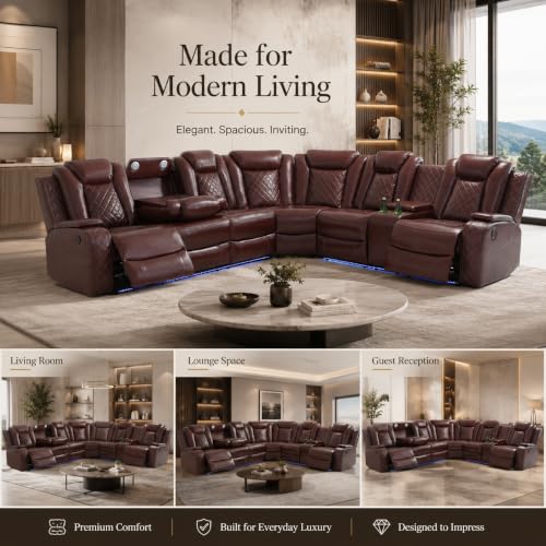 Image of Power Reclining Sectional Sofa for Living Room,Modern L-Shaped Air Leather Sectional Couch Set,Recliner Sofa Set,with LED Lights,Cup Holder,Storage,Charging Ports,Home (Red, Sectional)