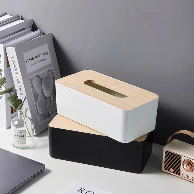 Image of Tissue Storage Box, Black | Home Decor, Living Room, Paper Towel Case Cover, Office, PP Plastic and Oak Wood