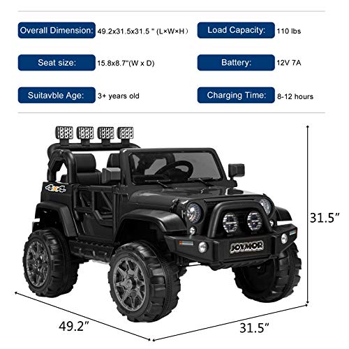 JOYMOR 12V Ride on Truck 2 Seat Kids Electric Battery Powered Car w/ 2.4G Remote Control, Motorized Toddler Vehicles Truck Toy, Adjustable Speeds, MP3 Player, LED, Horn (Black)