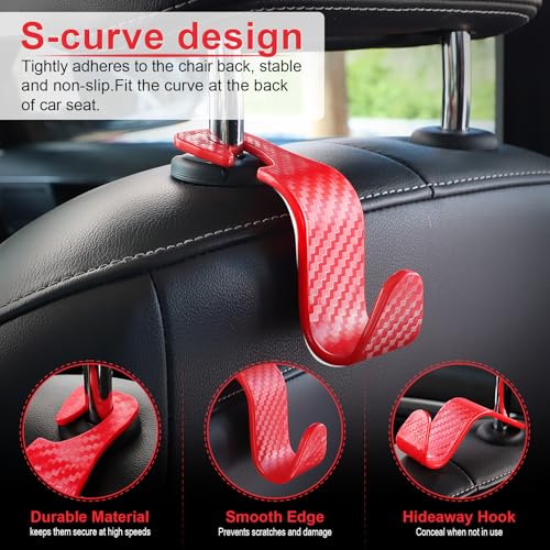 Image of LivTee Car Purse Hook, Headrest Hook for Car, 4 Pack Universal Auto Car Seat Headrest Hook Hangers Organizer for Purse Coat Umbrellas Grocery Bags Handbag, Car Accessories - Carbon Fiber Red
