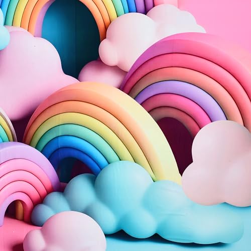 Image of Dream Weaverz 7D Bedsheet for Double Bed King Size with 2 Pillow Covers | Digital Printed & Fitted Elastic for Kids | Soft Glaze Cotton Feel | Fits Upto 12 Inch Mattress (Rainbow & Clouds)