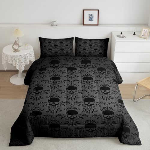 Image of Feelyou Kids Black Demask Bedding Set Queen Size, Skull Demask Set Boys Girls Gothic Vintage Floral Duvet Insert Kids Room Decor