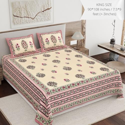 Image of Living Roots Ethnic Jaipur Block Print Double Cotton Bedsheet & 2 Pillow Covers, for Mattress Upto 6 inches Thick, No Colour Bleeding, Pink Colour, King Size 90 * 108 inches, 120TC (614-A)