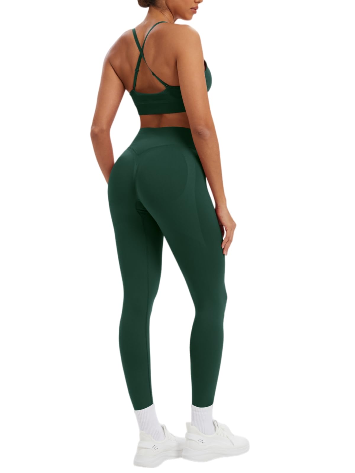 Womens Seamless Workout Sets V Neck Straps Sports Bra Tummy Control Scrunc Butt High Waist Leggings 2 Piece