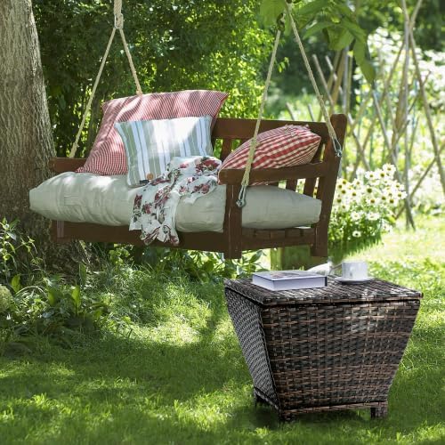 Outdoor Table with Storage, 13 Gallon Wicker Small Outdoor Storage Box Patio Side Tables for Outside Porch Poolside Deck Garden， Brown