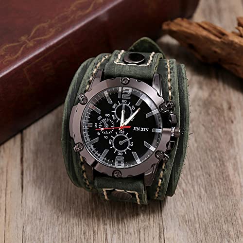 B Baosity Punk Vintage Wrist Watch, Wide Pu Leather Fashion Cuff Round Dial Wristwatch, Bracelet, Quartz Watches, Green #TOP4
