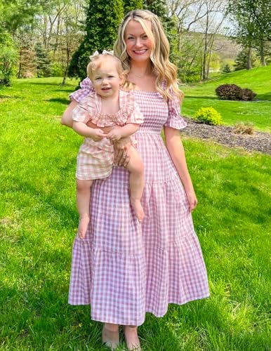 Image of ZESICA Women's 2026 Boho Summer Dresses Gingham Puff Sleeve Square Neck Flowy Beach Midi Dress