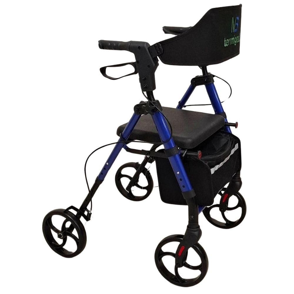 TERMIGEA RO31 - Deambulatore per Anziani con Seduta, Carrello per Anziani per Camminare Regolabile e Pieghevole in Alluminio Leggero (Portata 130KG) Dotato di Freni Classici e Freno di Stazionamento