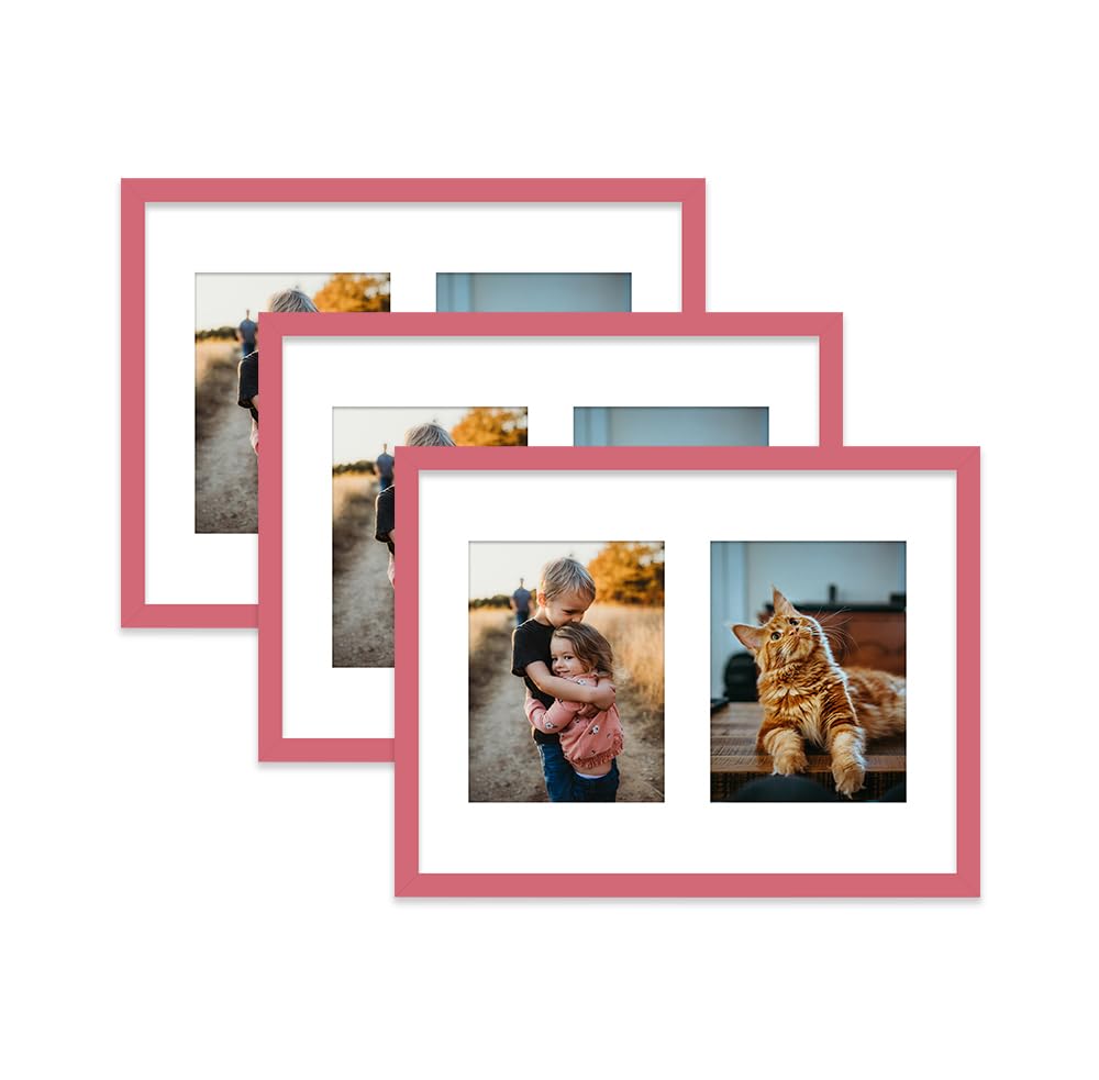 Pink Multi Photo Frame - Holds 2 x 8x6 Pictures, Family Collage Picture Frame for Wall Display, 16x12 Frame size, Set of 3